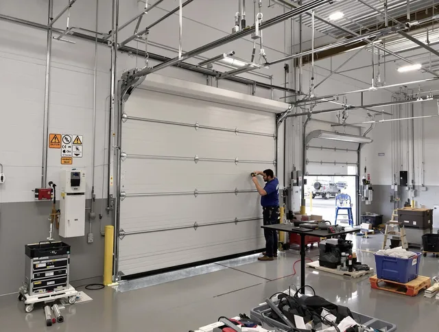 Commercial garage door repair being performed by New Britain Garage Door Repair expert in New Britain