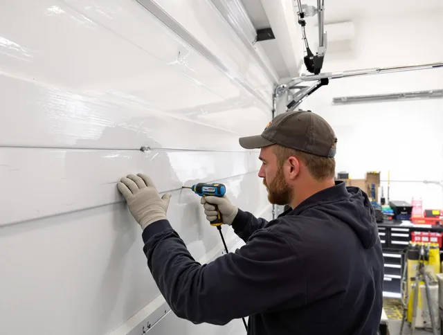 New Britain Garage Door Repair technician demonstrating precision dent removal techniques on a New Britain garage door