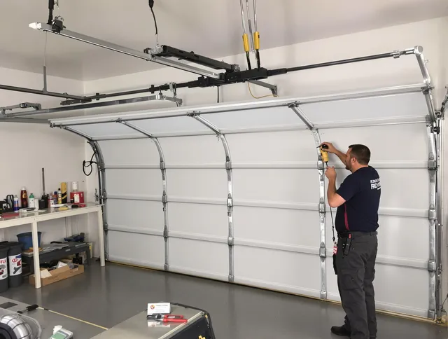 New Britain Garage Door Repair certified technician performing overhead door system repair in New Britain
